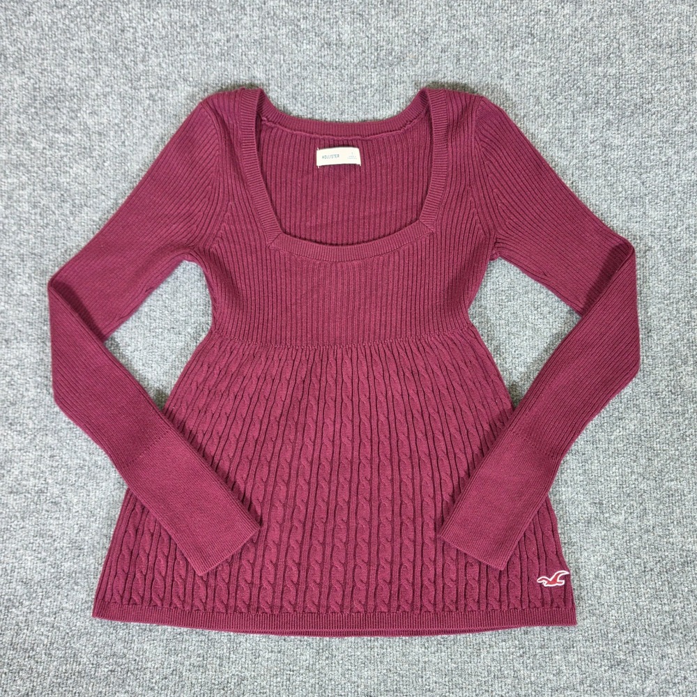 2000s Hollister Women Small Burgundy Square Neck Cable Knit Babydoll Sweater Top
